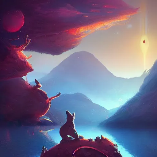 Prompt: Astronauts and some mythical animals are resting to the side of a reflecting lake, this is a surface of a planet with wacky wildlife, some planets and nebulas are as background, by Jordan Grimmer digital art, trending on Artstation,