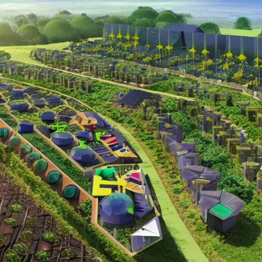 Prompt: eco village, solarpunk embodies an optimism towards the future that our society needs with solarroofs, solarpunk style