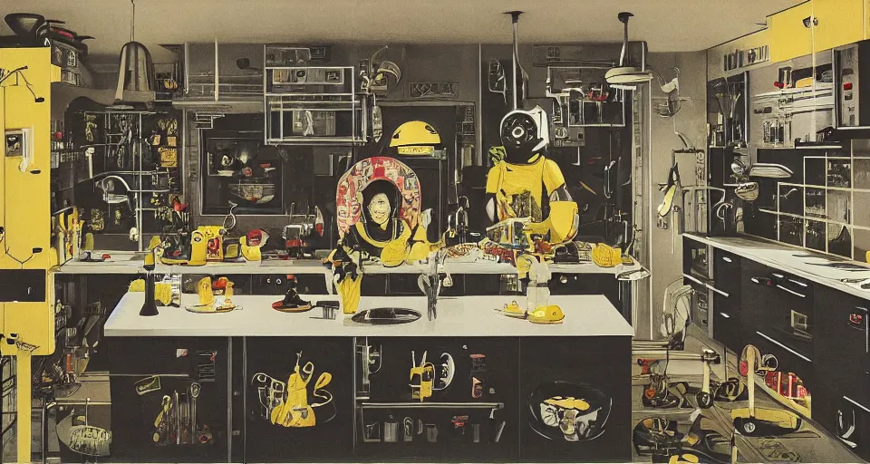 Prompt: IKEA catalogue photo of a cyberpunk kitchen on a spaceship, by Ravi Zupa