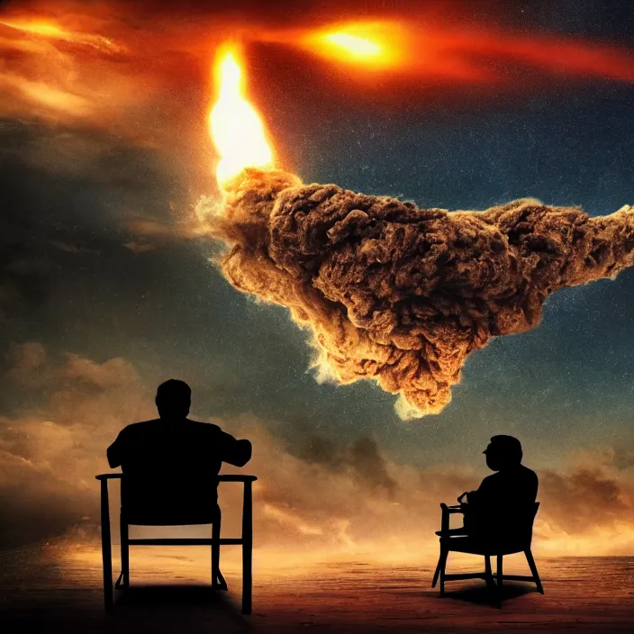 Image similar to cinematic movie, background blur bokeh, old man sitting in chair with black cat watching nuke explosion, world ending nuke, 4 k