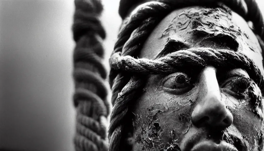 Prompt: 1 9 7 0 s movie still close - up of marcus atilius regulus'face tied with ropes at a pole with forced - open bleeding eyes looking at the burning sun, cinestill 8 0 0 t 3 5 mm b & w, high quality, heavy grain, high detail, texture, dramatic light, anamorphic, hyperrealistic, detailed hair