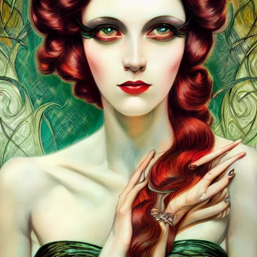 Image similar to an art deco portrait in the style of anna dittmann and donato giancola and charles dulac.