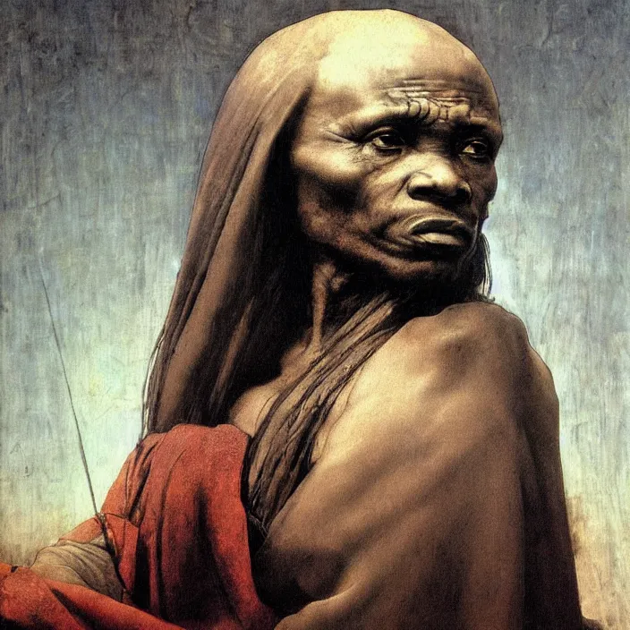 Image similar to a painting of a wise elder from Africa by Leonardo da Vinci . dramatic angle, ethereal lights, details, smooth, sharp focus, illustration, realistic, cinematic, artstation, award winning, rgb , unreal engine, octane render, cinematic light, macro, depth of field, blur, red light and clouds from the back, highly detailed epic cinematic concept art CG render made in Maya, Blender and Photoshop, octane render, excellent composition, dynamic dramatic cinematic lighting, aesthetic, very inspirational, arthouse.