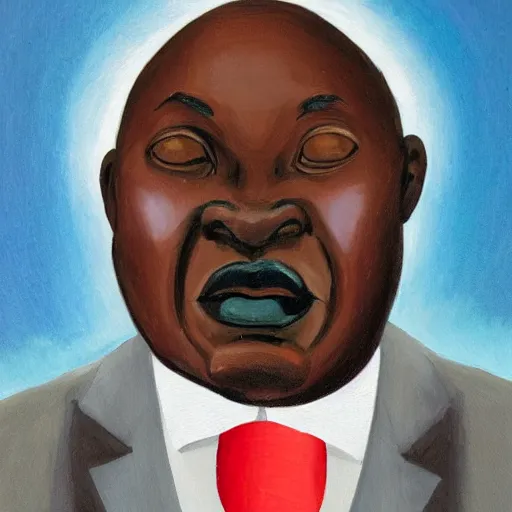 Image similar to a painting of a loving, caring fatherly wide forehead, aquiline nose, round face, XXL , generous, ever-present, humble, wise elder from Kenya in a silver suit and red tie by Kara Walker . Fatherly/daddy, focused, loving, leader, relaxed. Gold background, heavenly lights, details, smooth, sharp focus, illustration, realistic, cinematic, artstation, award winning, rgb , unreal engine, octane render, cinematic light, macro, depth of field, blur, light and clouds, highly detailed epic cinematic concept art CG render made in Maya, Blender and Photoshop, octane render, excellent composition, dynamic dramatic cinematic lighting, aesthetic, very inspirational, arthouse.