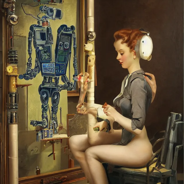 Prompt: robot artist painting a self - portrait on a canvas. intricate, highly detailed, digital matte painting, in the style of alexandros pyromallis, and in the style of hans thoma, and in the style of gil elvgren. irony, recursion, inspiration.