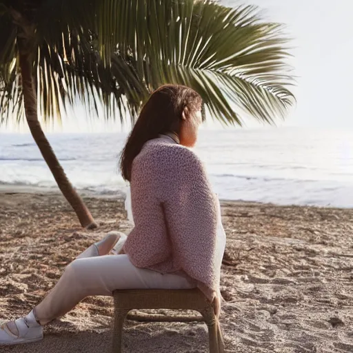 Prompt: a woman in her twenties wearing two cardigans over a knit sweater, shivering with her arms crossed tight, sitting in a lounge chair on a tropical beach in the summer, 2018, trending on instagram, photorealistic, 4k, 8k