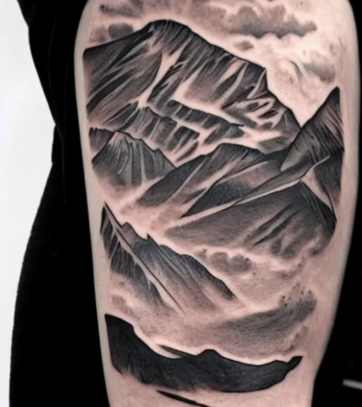 Image similar to realism tattoo sketch of a isabelledeltore face double exposure mountain scenery, in the style of matteo pasqualin, amazing detail, sharp, faded