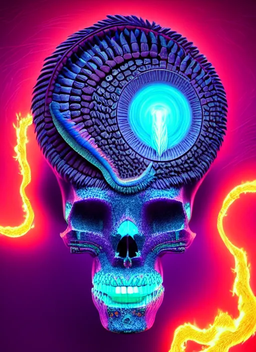 Image similar to 3 d goddess profile portrait, sigma 5 0 0 mm f / 5. beautiful intricate highly detailed quetzalcoatl skull and feathers. bioluminescent, plasma, lava, ice, water, wind, creature, thunderstorm! artwork by tooth wu and wlop and beeple and greg rutkowski, 8 k trending on artstation,