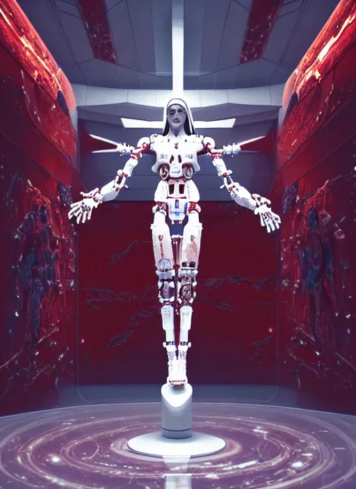 Image similar to , high detailed space station interior, a statue jesus on cross made of red marble, perfect symmetrical body, full body shot, white biomechanical, wearing epic bionic cyborg implants, masterpiece, intricate, biopunk, vogue, highly detailed, artstation, concept art, background galaxy, cyberpunk, octane render