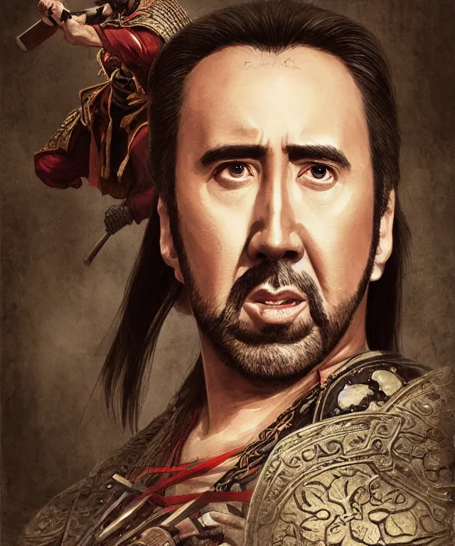 Prompt: Portrait of Nicolas Cage as a samurai from the warring states era Japan, highly detailed, digital painting, artstation, concept art, smooth, sharp focus, illustration by Artgerm and Greg Rutkowski and Tom Bagshaw