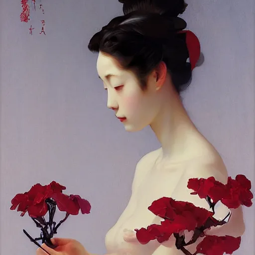 Image similar to yanjun cheng portrait of a beautiful geisha android holding flowers by norman rockwell, bouguereau