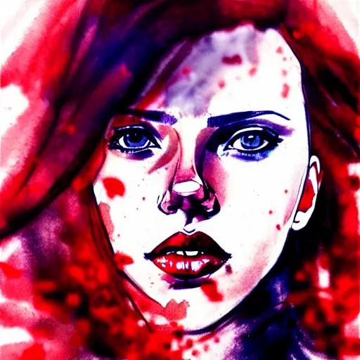 Prompt: pretty scarlett johansson black widow, symmetrical eyes, long red hair, half body, city rooftop by agnes cecile moebius bilal, very luminous design, light pastel colours, ink drips, autumn lights