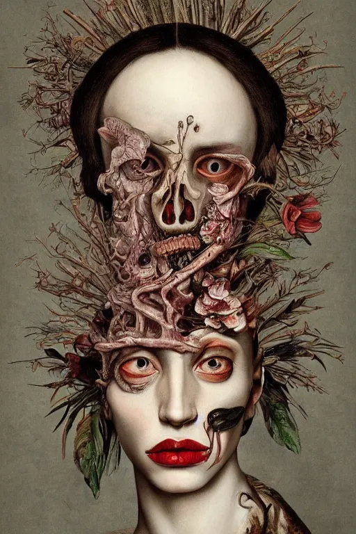 Prompt: Detailed maximalist portrait with large lips and eyes, expressive, botanical skeletal with extra flesh, HD mixed media, 3D collage, highly detailed and intricate, surreal illustration in the style of Caravaggio, dark art, baroque