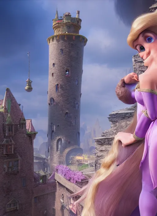 Prompt: rapunzel is throwing her long hair so the prince can climb the tower, unreal 5, DAZ, hyperrealistic, octane render, cosplay, RPG portrait, dynamic lighting