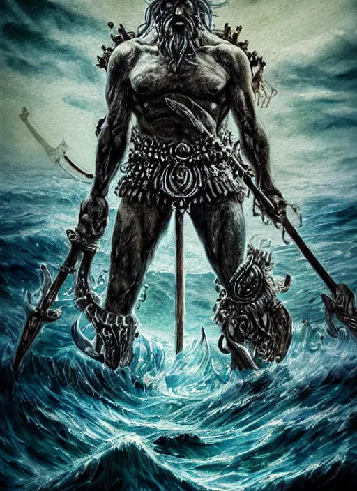 Image similar to Poseidon with crown and trident rising from the ocean, watercolor, dramatic lighting, cinematic, establishing shot, extremly high detail, foto realistic, cinematic lighting, pen and ink, intricate line drawings, by Yoshitaka Amano, Ruan Jia, Kentaro Miura, Artgerm, post processed, concept art, artstation, matte painting, style by eddie mendoza, raphael lacoste, alex ross