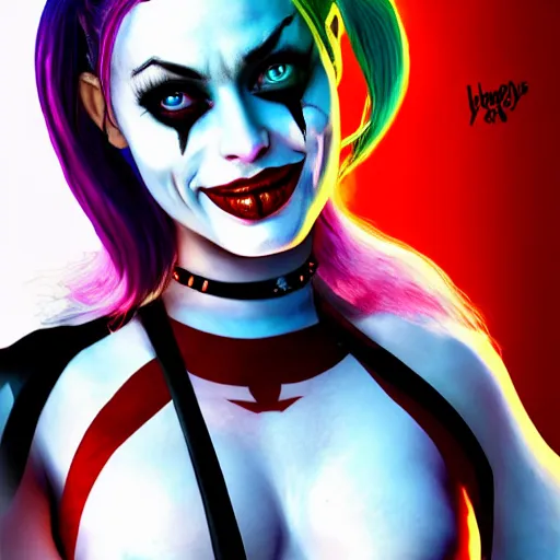 Prompt: Harley Quinn from the suicide squad, portrait, playful, fantasy, medieval, beautiful face, vivid colrs, elegant, concept art, sharp focus, digital art, Hyper-realistic, 4K, Unreal Engine, Highly Detailed, HD, Dramatic Lighting by Brom, trending on Artstation,