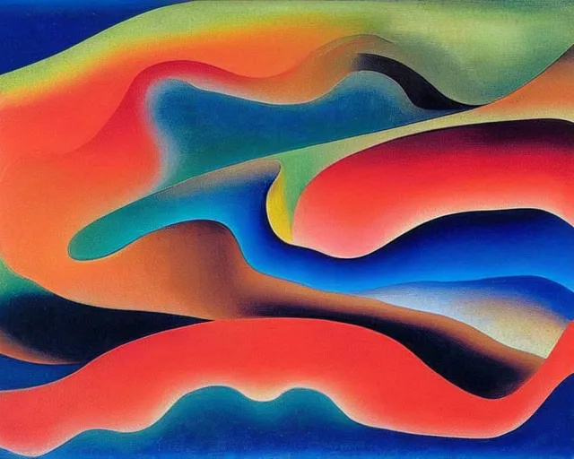 Image similar to An insane, modernist landscape painting. Wild energy patterns rippling in all directions. Curves, organic, zig-zags. Saturated color. Mountains. Clouds. Rushing water. Georgia O'Keeffe. Zao Wou-ki. Dali.