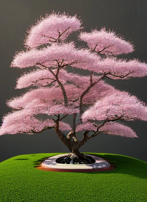 Image similar to hyper detailed 3d render like an Oil painting isometric perspective, octane render of a bonsai cherry blossom tree in a zen garden in the shape of a perfectly symetrical mandala finely detailed, hd, 8k minimalism, edge to edge, solid color background octane render, 8k