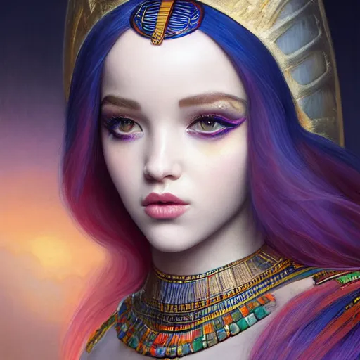 Prompt: tom bagshaw, very beautiful genetic mix of dove cameron madison beer bella poarch in a priestess egyptian dress, randomly lustrous colored hair, egyptian makeup, professionally retouched, focus eyes, ultra realistic soft painting, insanely detailed linework, symmetrical accurate intricate features, behance artstation, 8 k