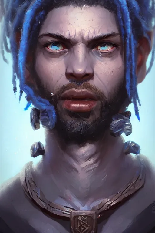 Image similar to portrait of a blue genasi with a square jaw from d & d by greg rutkowski, dreadlocks and small beard, runic rings, d & d character, blue, black background, highly detailed portrait, digital painting, artstation, concept art, smooth, sharp foccus ilustration, artstation hq