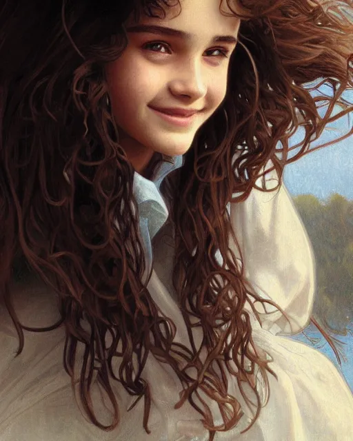 Prompt: close up portrait of 1 5 - year - old girl, smile with large front teeth, hermione granger, very bushy brown hair, and very bright brown eyes, wearing white shirt, hyper realistic face, beautiful eyes, close up, fantasy art, in the style of greg rutkowski, intricate, alphonse mucha, hyper detailed, smooth