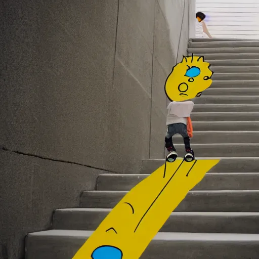 Prompt: Bart Simpson skateboarding down a flight of stairs at home, digital art, Sean Yoro, 4K, 8K