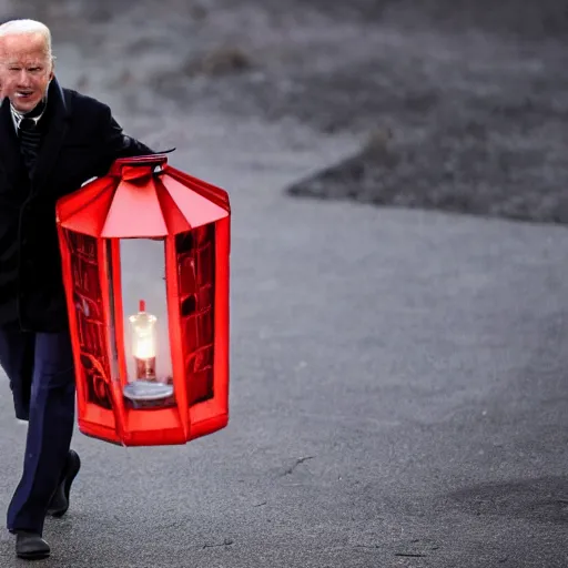 Image similar to horror Joe Biden carrying a lantern in a dark coat red eyes dark horror