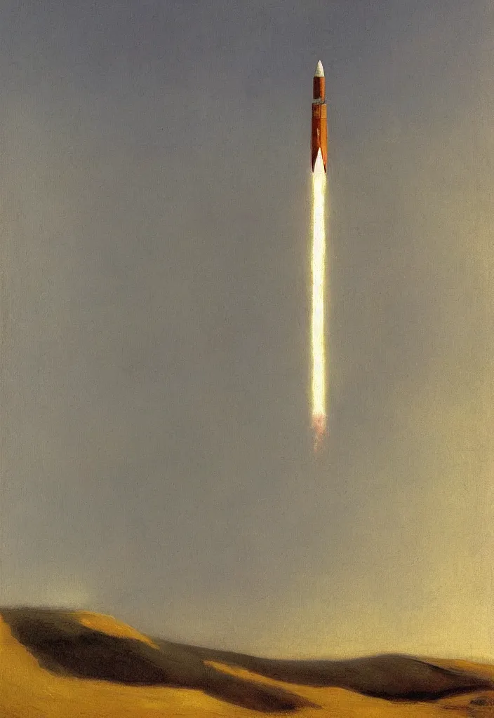 Image similar to a _ painting _ of _ a _ scifi _ rocket _ by _ peter _ ilsted