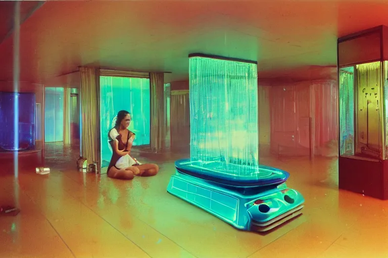 Image similar to high-angle view of a Italian vivacious female shrimp human hybrids wearing vacuum tube amp discowear with transparent digital number readout floating in front of face, sitting inside of a flooded 1970s luxury bungalow cabin with infinity mirror table, submersible vessel seamlessly clipping through wall, suspended soviet computer console on ceiling, ektachrome color photograph, volumetric lighting, off-camera flash, 24mm f8 aperture