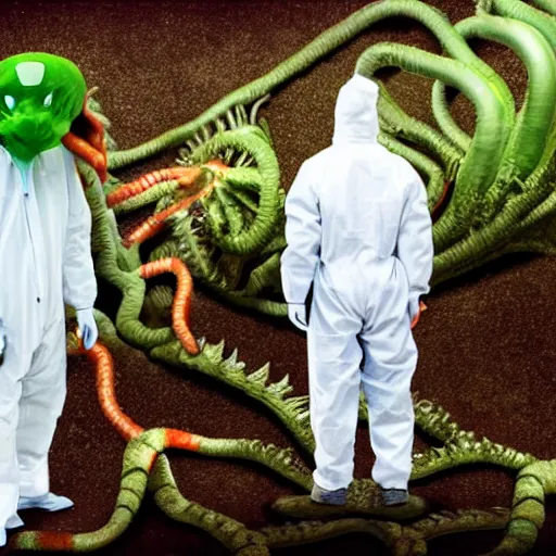 Prompt: photo, scientists in hazmat suits watching a giant massive alien carnivorous plant eating a human prisoner