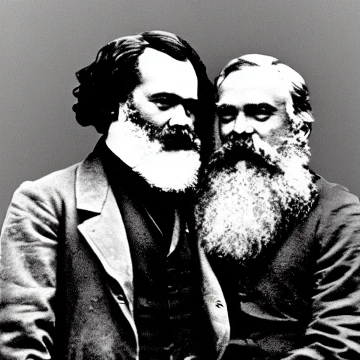 Image similar to Karl Marx and Nietzsche hugging, bedroom background, photo, 1920, romantic