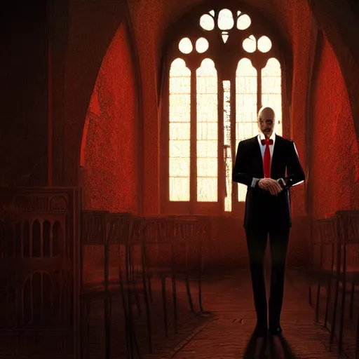 Image similar to agent 4 7 from hitman wearing headphones and listening to music alone in a monestary, dark background, red rim light, highly detailed, smooth, sharp focus, art by ali kiani amin