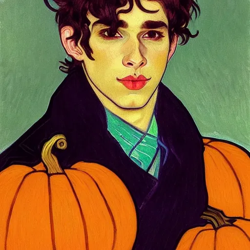 Prompt: painting of young cute handsome beautiful dark medium wavy hair man in his 2 0 s named shadow taehyung and cute handsome short dark hair man together at the halloween jack o lantern pumpkin party, autumn colors, elegant, clear, painting, stylized, delicate, soft facial features, delicate facial features, soft art, art by alphonse mucha, vincent van gogh, egon schiele