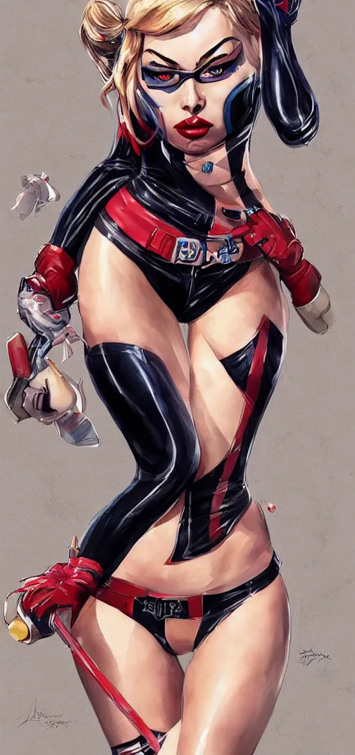 Image similar to margot robbie as harley quinn in a swim suit by artgerm, full body, epic composition