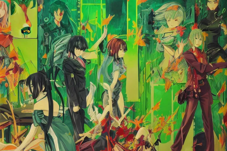 Prompt: oil painting of anime posters on a green wall, green overtones, highly detailed, stylized, abstract