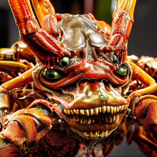 Image similar to photo taken of an epic intricate, ultra detailed, super realistic sculpture of a wet slimy nightmarish hellish demonic dead human head sprouting crab legs animatronic on display in a workshop, created by weta workshop, photorealistic, sharp focus, f 0. 4, face centred, macro photography, golden ratio, golden hour