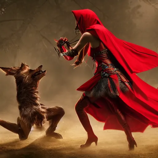 Image similar to red riding hood female warrior fending off a werewolf, highly detailed, dramatic lighting, cinematic, 4k