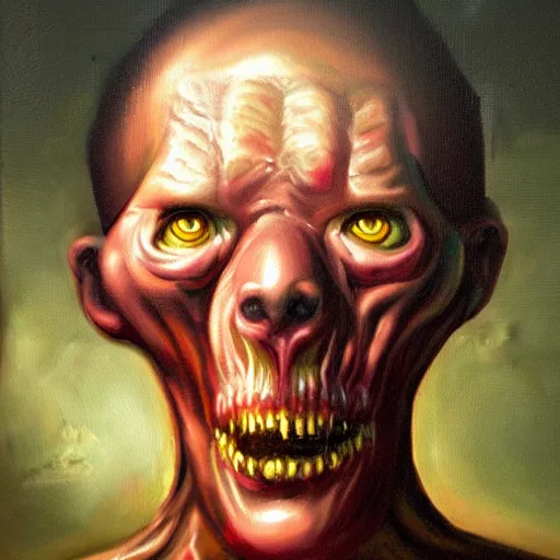 Image similar to oil painting by christian rex van minnen portrait of an extremely bizarre disturbing mutated man with intense chiaroscuro lighting perfect composition masterpiece intense emotion