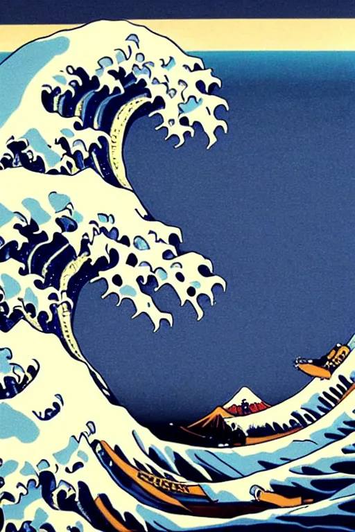Image similar to Shepard Fairey The Great Wave off Kanagawa, sun in the background