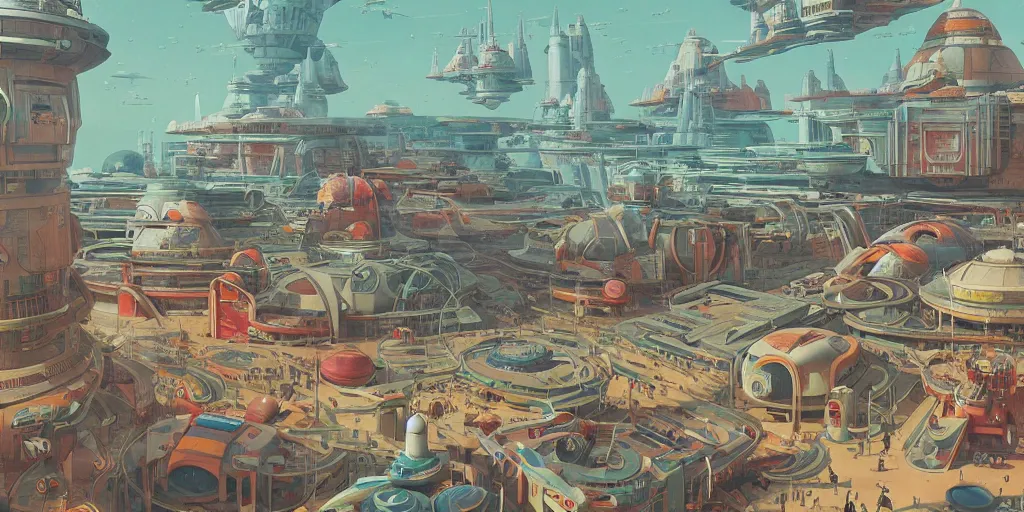 Image similar to a colorful futuristic marketplace, Industrial Star Wars Scifi, detailed illustration, character design, intricate, by Martin Grip, Wes Anderson, hieronymus bosch and Moebius