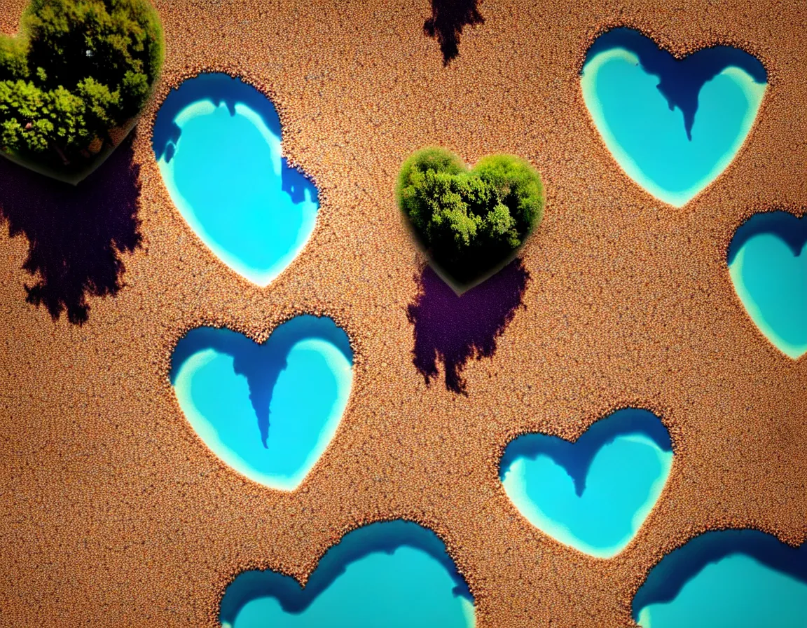 Image similar to closeup shot photo of realistic exotic tree heart / shaped island with blue lagoon and sand beach, sunset lighting