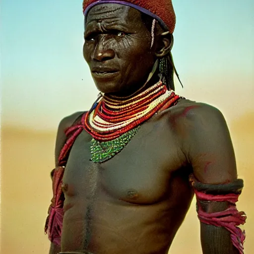 Prompt: hyperspectral kodachrome portrait of a massai warrior with wrinkles, half light