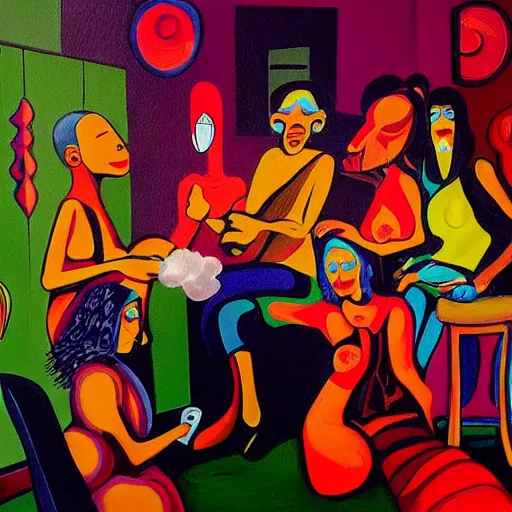 Prompt: a painting of a group of people smoking in a room, an ultrafine detailed neo - figurative painting by john cale, behance, psychedelic art, psychedelic, surrealist