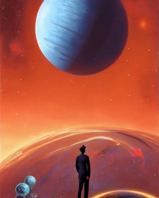 Image similar to a painting of a man standing in front of a planet, a detailed matte painting by david schleinkofer and by philippe bouchet and by syd mead, featured on deviantart, space art, sci - fi, dystopian art, matte painting