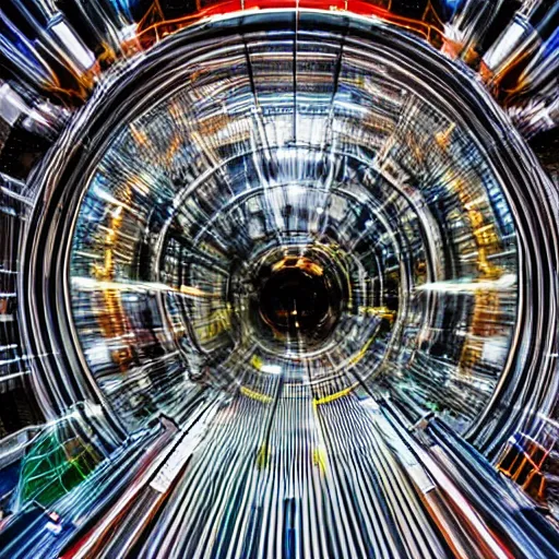 Prompt: view into a particle accelerator, extreme perspective, forshortening, special effects zoom