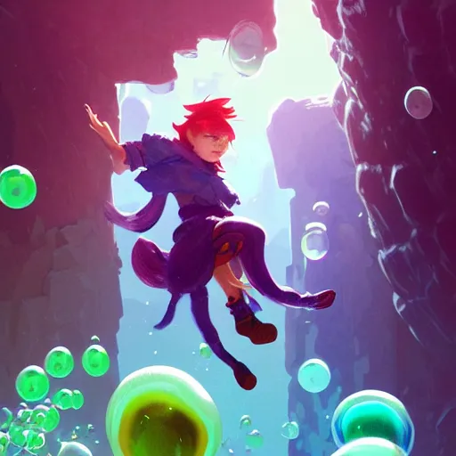 Image similar to madeline from celeste jumping into a green jelly bubble wearing a blue bubble jacket has a red long hair, highly detailed, digital painting, artstation, concept art, sharp focus, illustration, art by greg rutkowski and alphonse mucha