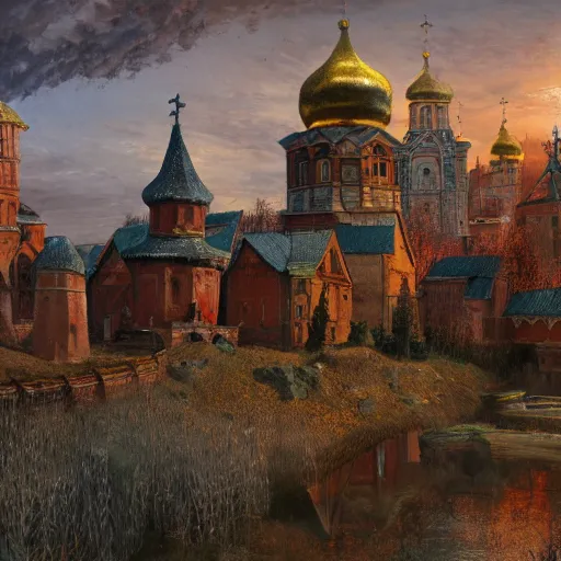 Image similar to photo ancient Slavic Russian city of Kitezh, concept art, painting by Viktor Vasnetsov, magical city, fantasy cityscape, ancient Slavs, wooden buildings, ancient Russian architecture, terem, hyperborea, top cinematic lighting , cinematic mood, very detailed, 8k, high resolution
