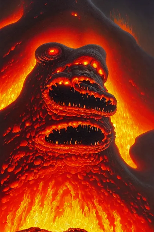 Prompt: classic oil painting, a lava blob creature with a gaping mouth and six legs, as a dnd character, crawling out of a volcano, rising smoke from his eyes, dripping magma, cottagecore, highly detailed, digital illustration, concept art, smooth, sharp focus, art by tim hildebrandt, and greg hildebrandt