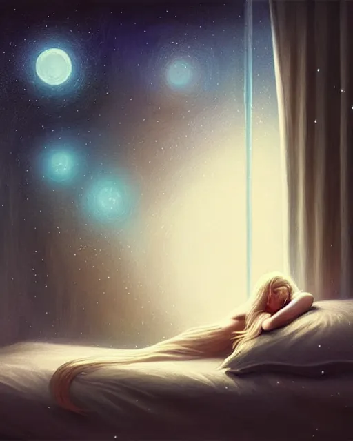 Image similar to beautiful painting of a elven sleeping on a bedroom, poster art by mor than, cgsociety, space art, sci - fi, cosmic horror, sense of awe, art by mike winkelmann, sky night, illustration, highly detailed, simple, smooth and clean vector curves, no jagged lines, vector art, smooth, artstation