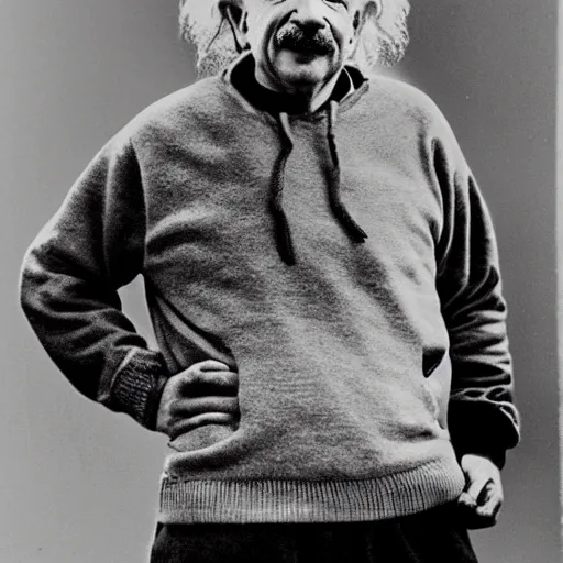 Prompt: a photo of Albert Einstein with a hoody and Nike Air Max in 2020, 4K